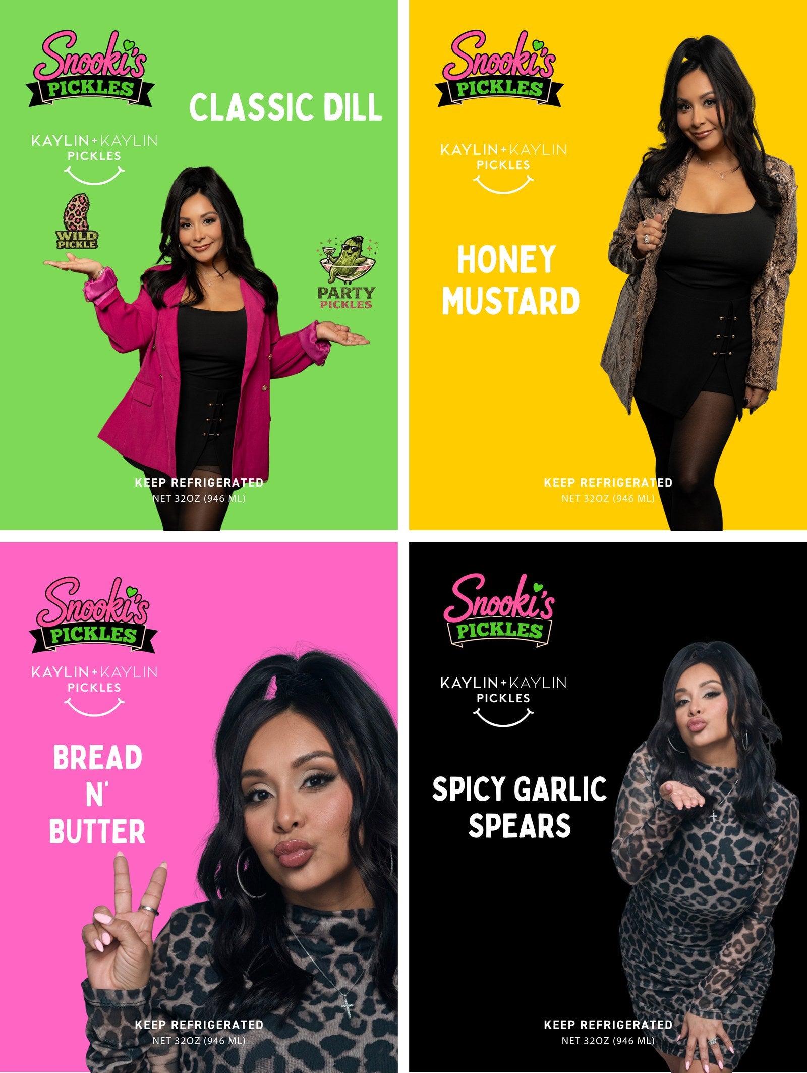 Snooki's Pickles: Classic Dill, Honey Mustard, Bread n' Butter, Spicy Garlic Spears